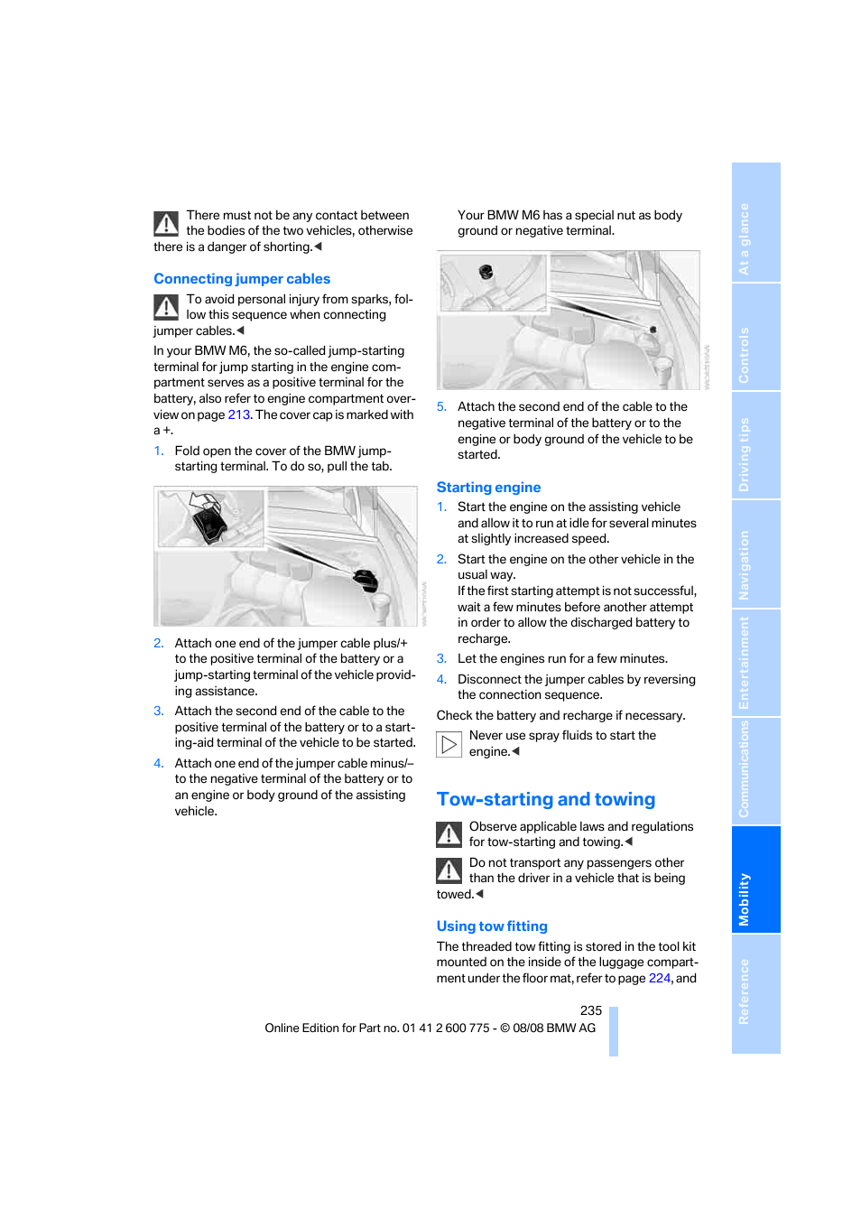 Tow-starting and towing | BMW M6 Convertible 2009 User Manual | Page 237 / 270