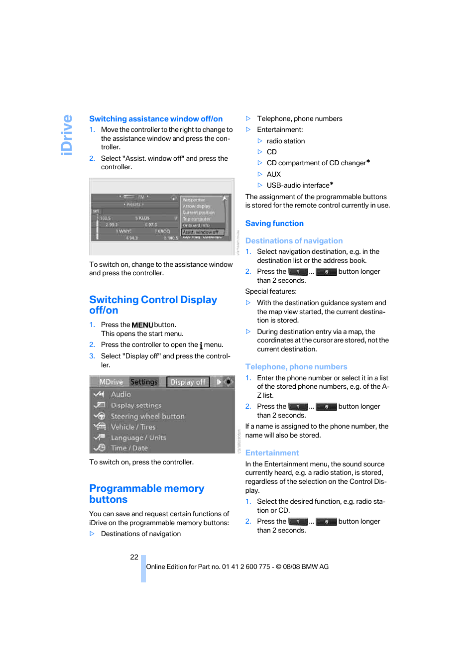 Switching control display off/on, Programmable memory buttons, Idrive | BMW M6 Convertible 2009 User Manual | Page 24 / 270