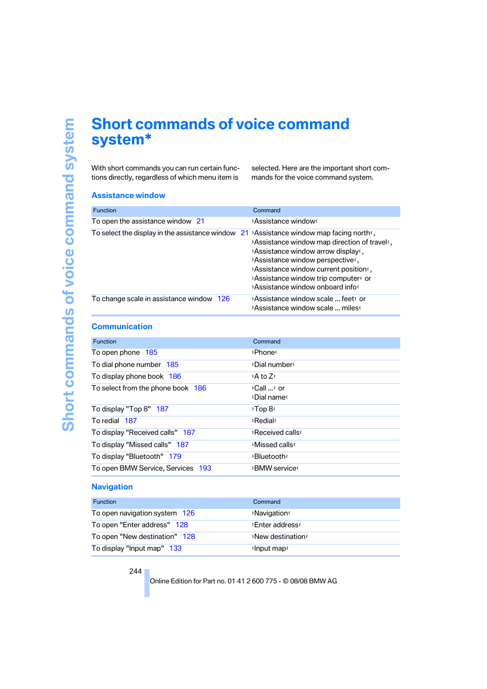 Short commands of voice command system | BMW M6 Convertible 2009 User Manual | Page 246 / 270