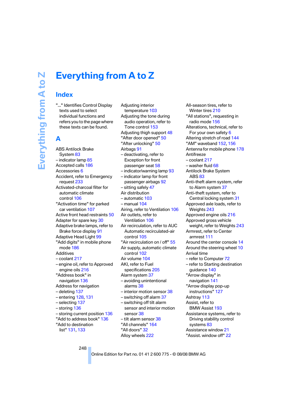 Everything from a to z, Index | BMW M6 Convertible 2009 User Manual | Page 250 / 270