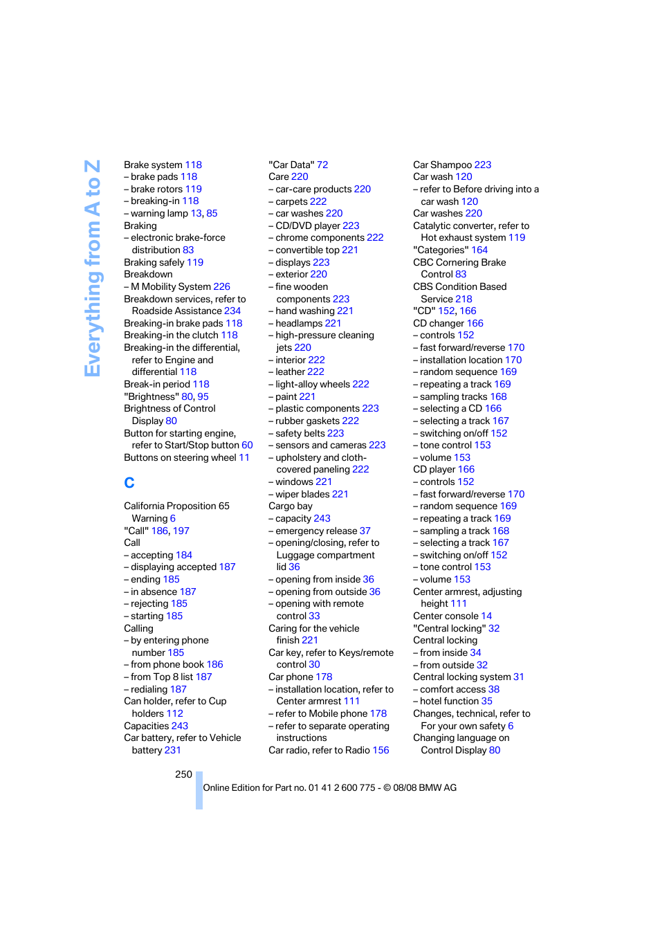 Everything from a to z | BMW M6 Convertible 2009 User Manual | Page 252 / 270