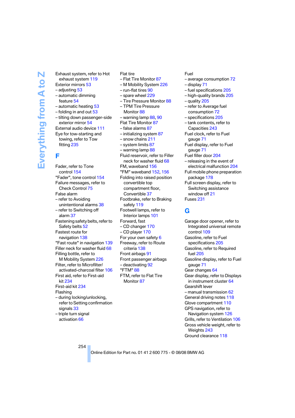 Everything from a to z | BMW M6 Convertible 2009 User Manual | Page 256 / 270