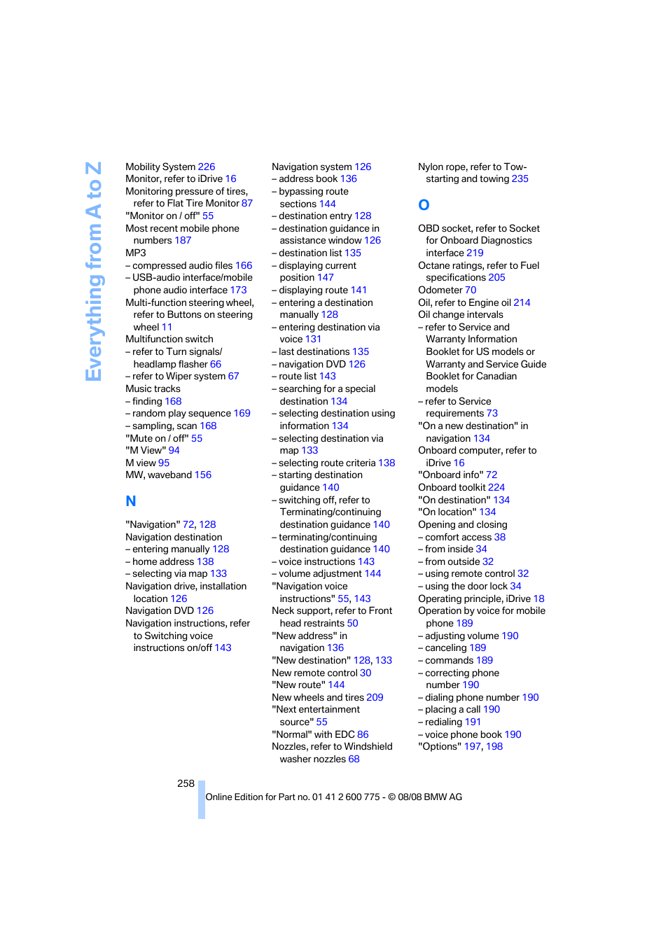 Everything from a to z | BMW M6 Convertible 2009 User Manual | Page 260 / 270