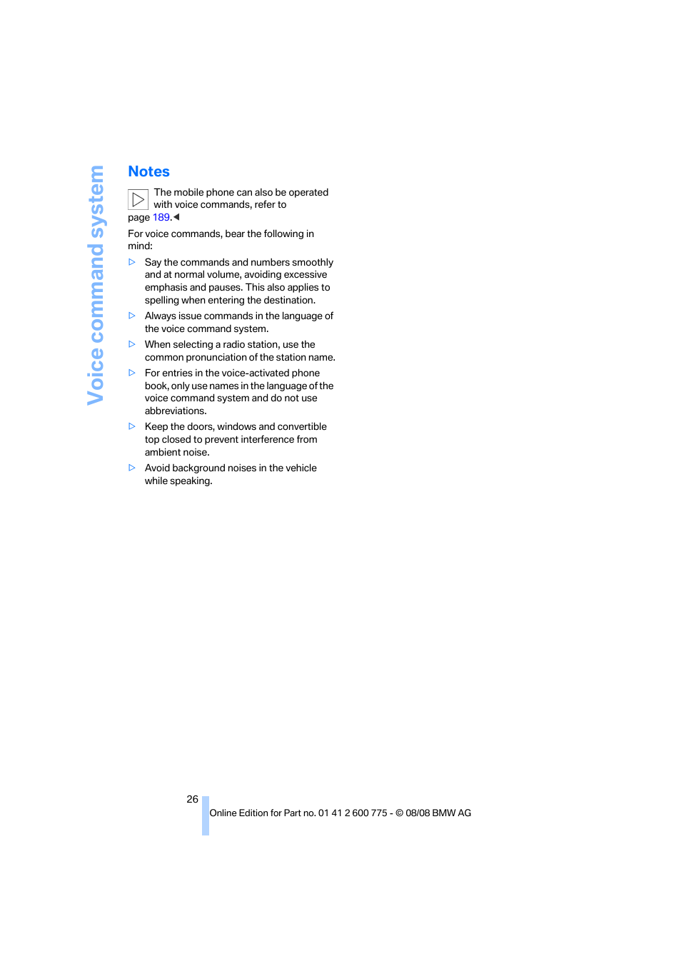 Notes, Voice command system | BMW M6 Convertible 2009 User Manual | Page 28 / 270