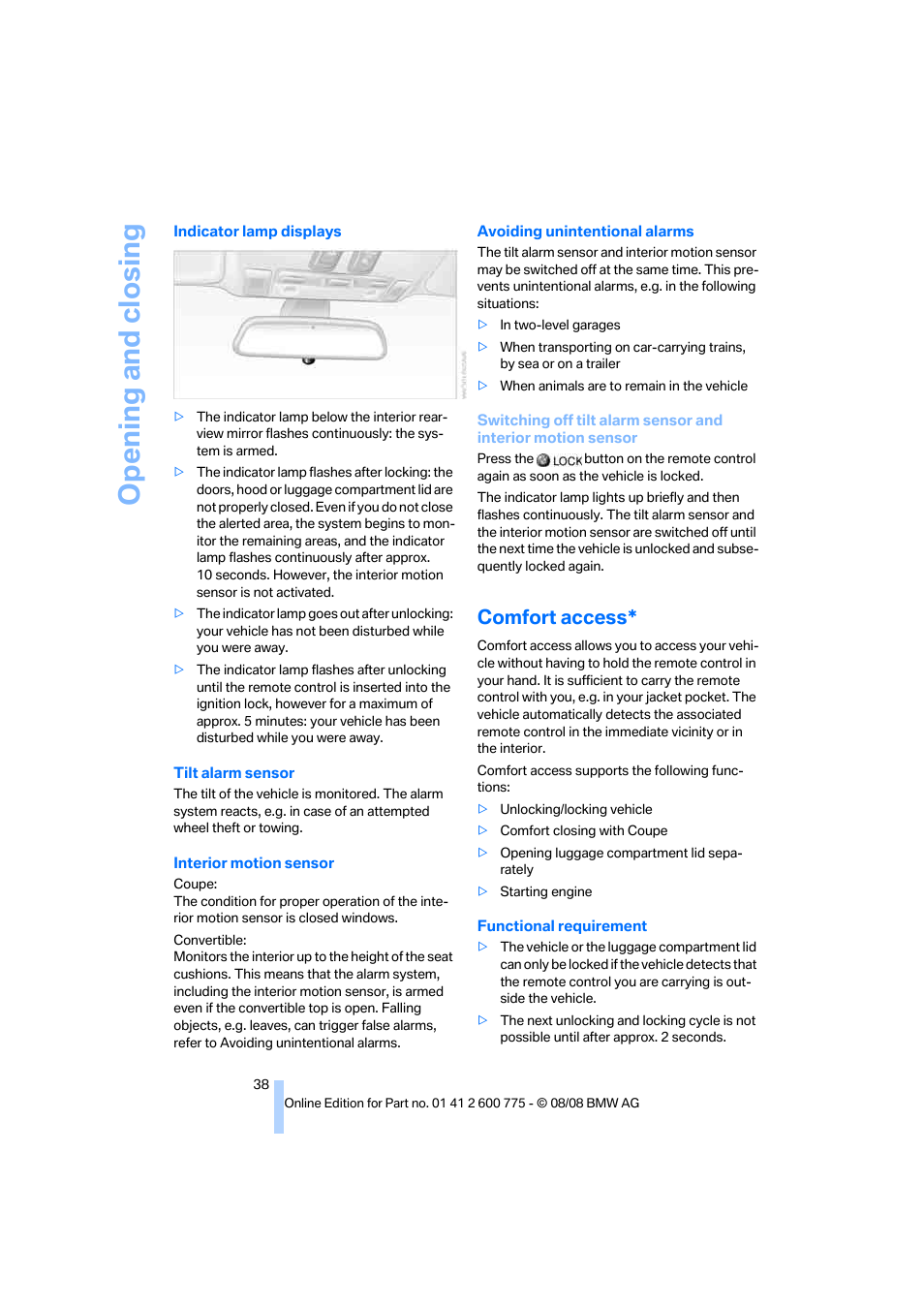 Comfort access, Opening and closing | BMW M6 Convertible 2009 User Manual | Page 40 / 270