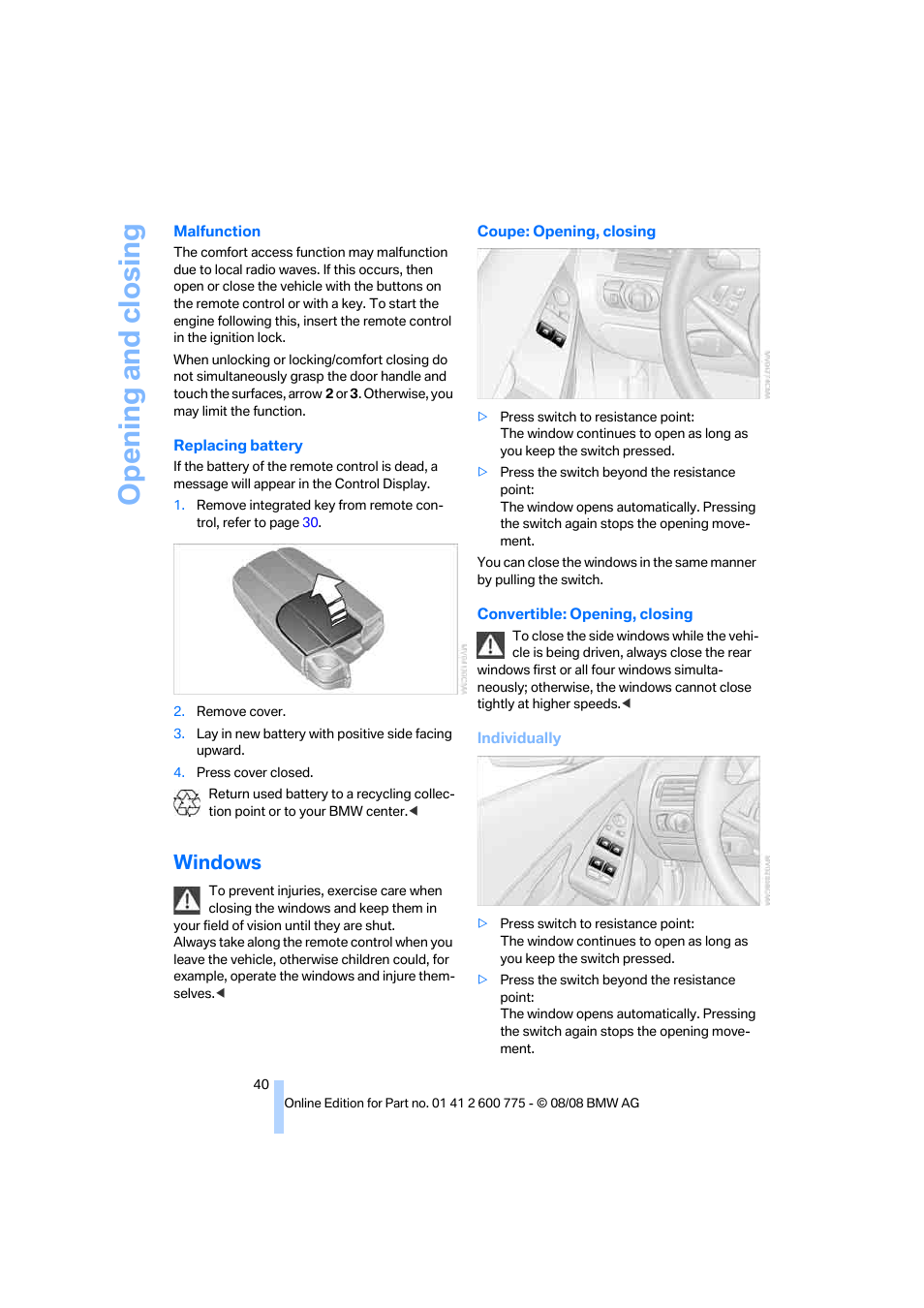 Windows, Opening and closing | BMW M6 Convertible 2009 User Manual | Page 42 / 270