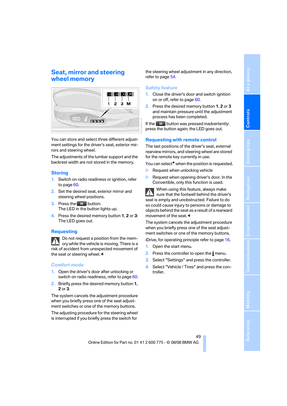 Seat, mirror and steering wheel memory | BMW M6 Convertible 2009 User Manual | Page 51 / 270