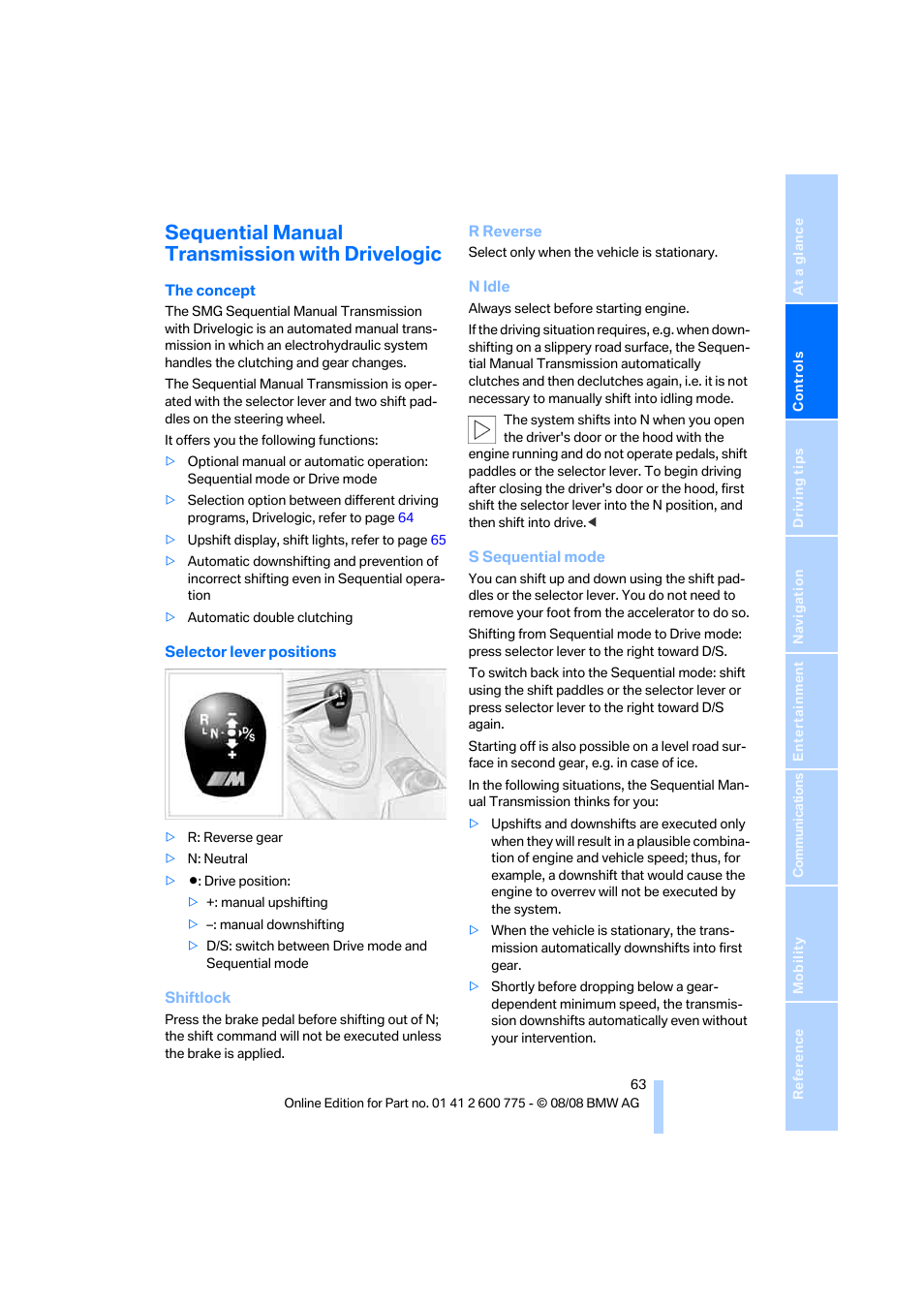Sequential manual transmission with drivelogic | BMW M6 Convertible 2009 User Manual | Page 65 / 270