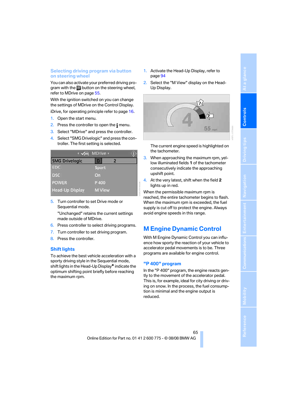 M engine dynamic control, Sion | BMW M6 Convertible 2009 User Manual | Page 67 / 270