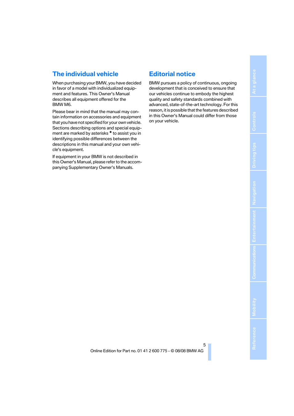 The individual vehicle, Editorial notice | BMW M6 Convertible 2009 User Manual | Page 7 / 270