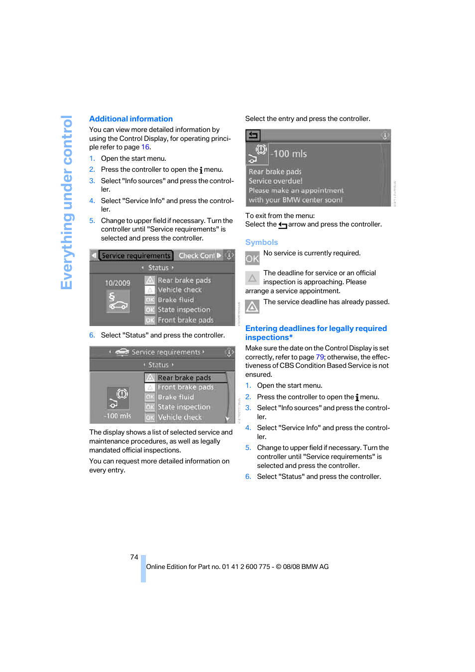 Everything under control | BMW M6 Convertible 2009 User Manual | Page 76 / 270