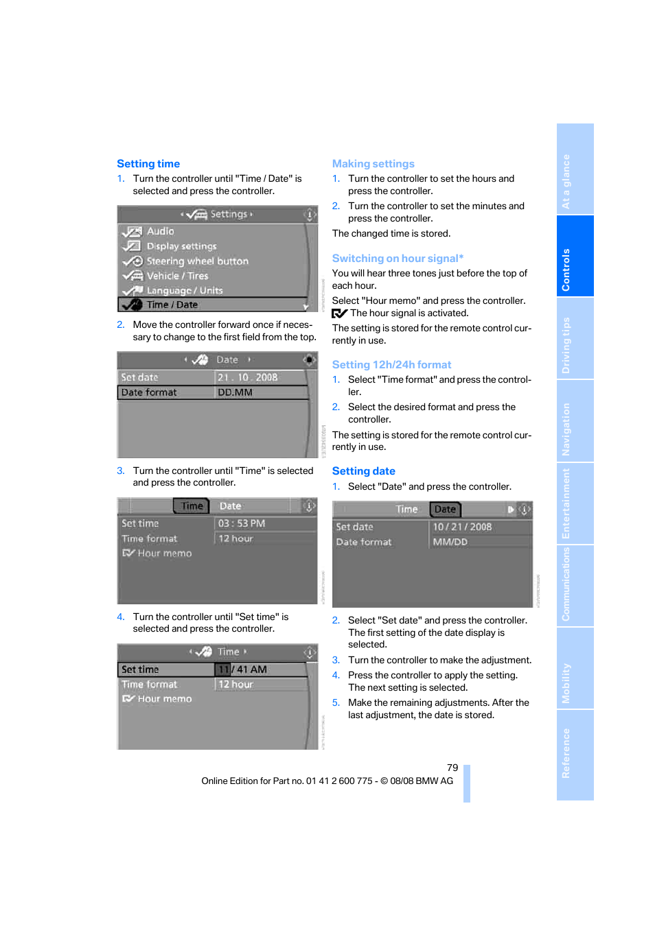 Setting time, refer to | BMW M6 Convertible 2009 User Manual | Page 81 / 270