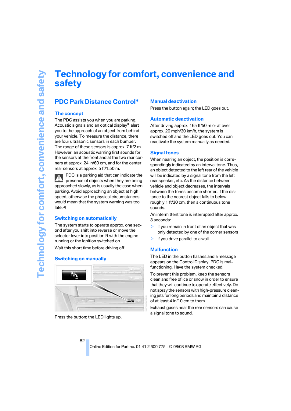 Technology for comfort, convenience and safety, Pdc park distance control | BMW M6 Convertible 2009 User Manual | Page 84 / 270