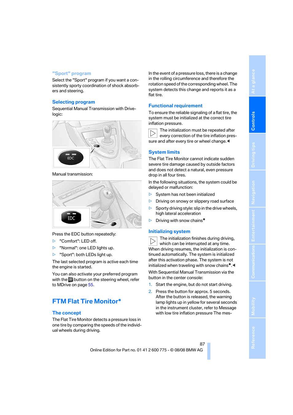 Ftm flat tire monitor | BMW M6 Convertible 2009 User Manual | Page 89 / 270