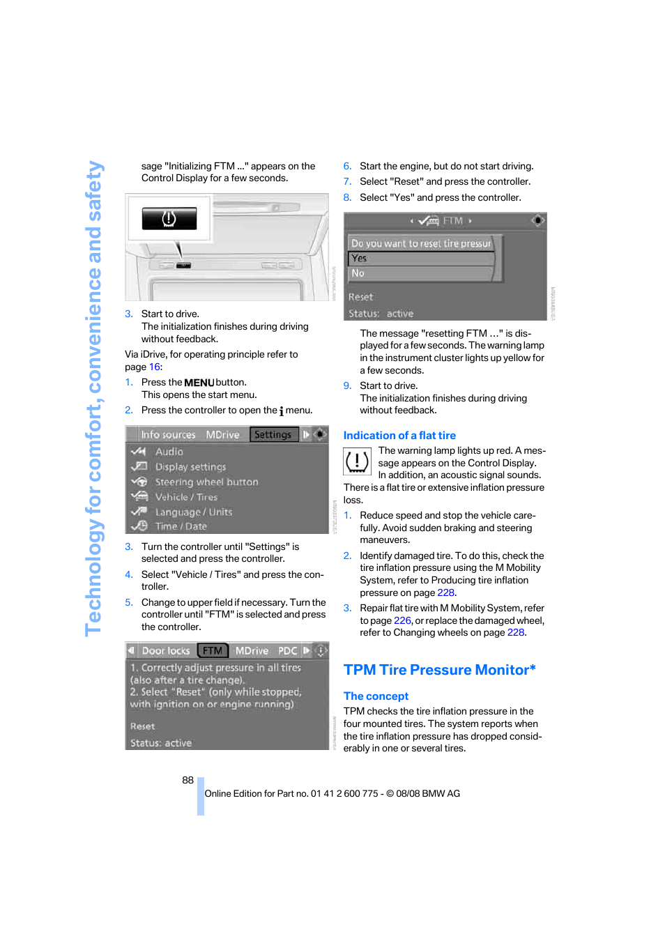 Tpm tire pressure monitor, Technology for comfort, convenience and safety | BMW M6 Convertible 2009 User Manual | Page 90 / 270