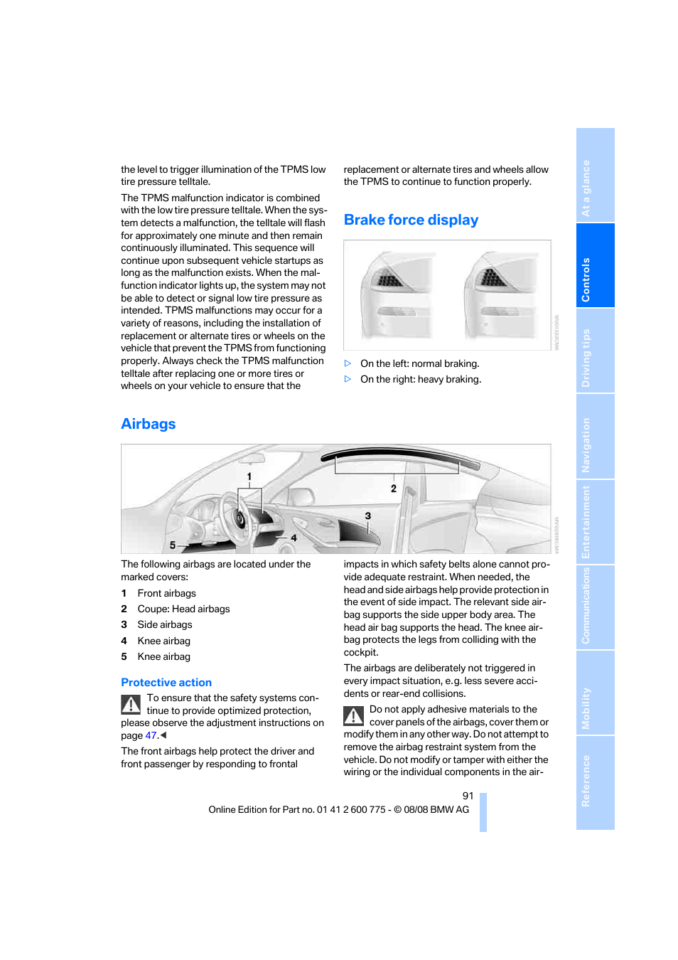 Brake force display, Airbags | BMW M6 Convertible 2009 User Manual | Page 93 / 270