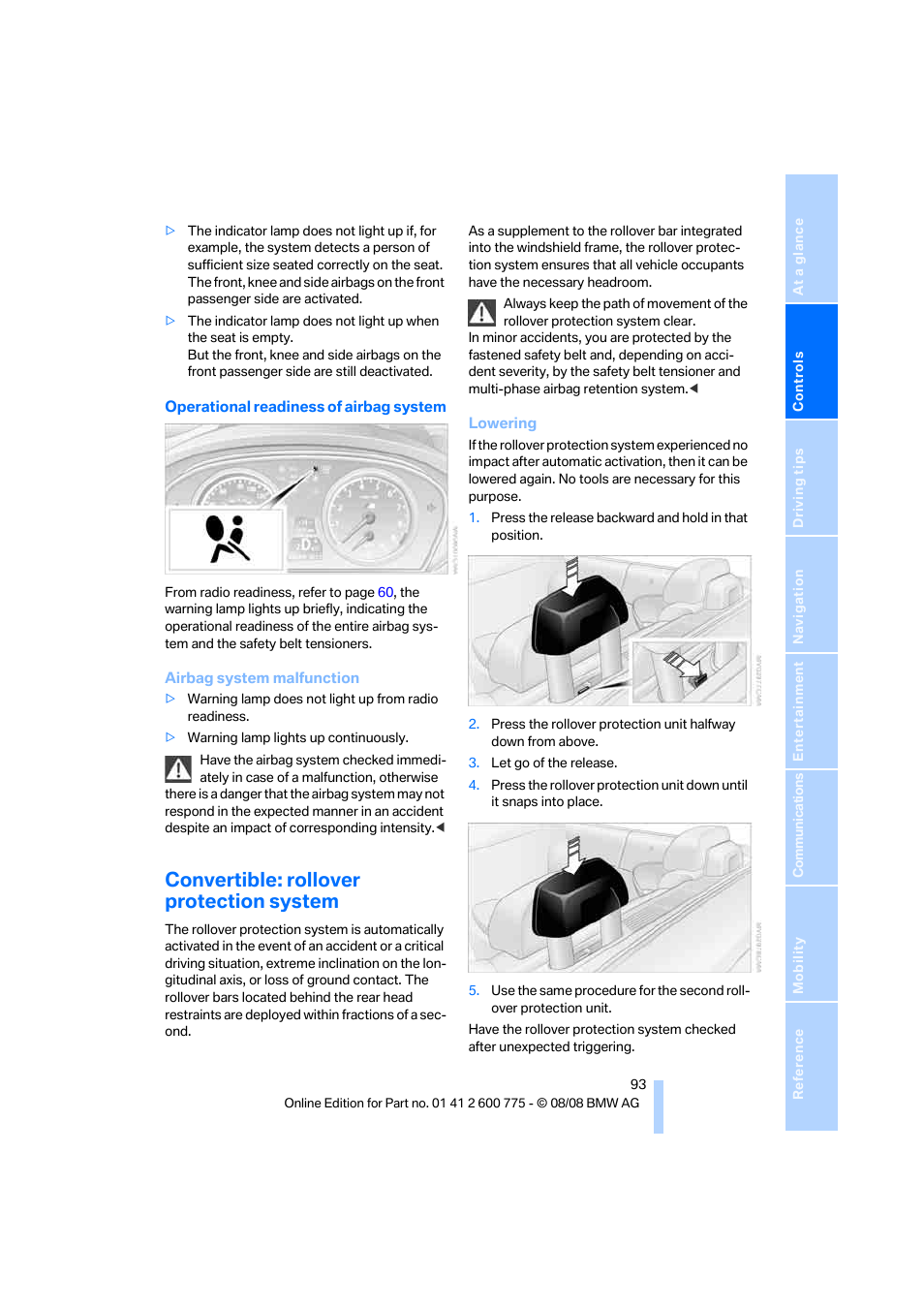 Convertible: rollover protection system | BMW M6 Convertible 2009 User Manual | Page 95 / 270