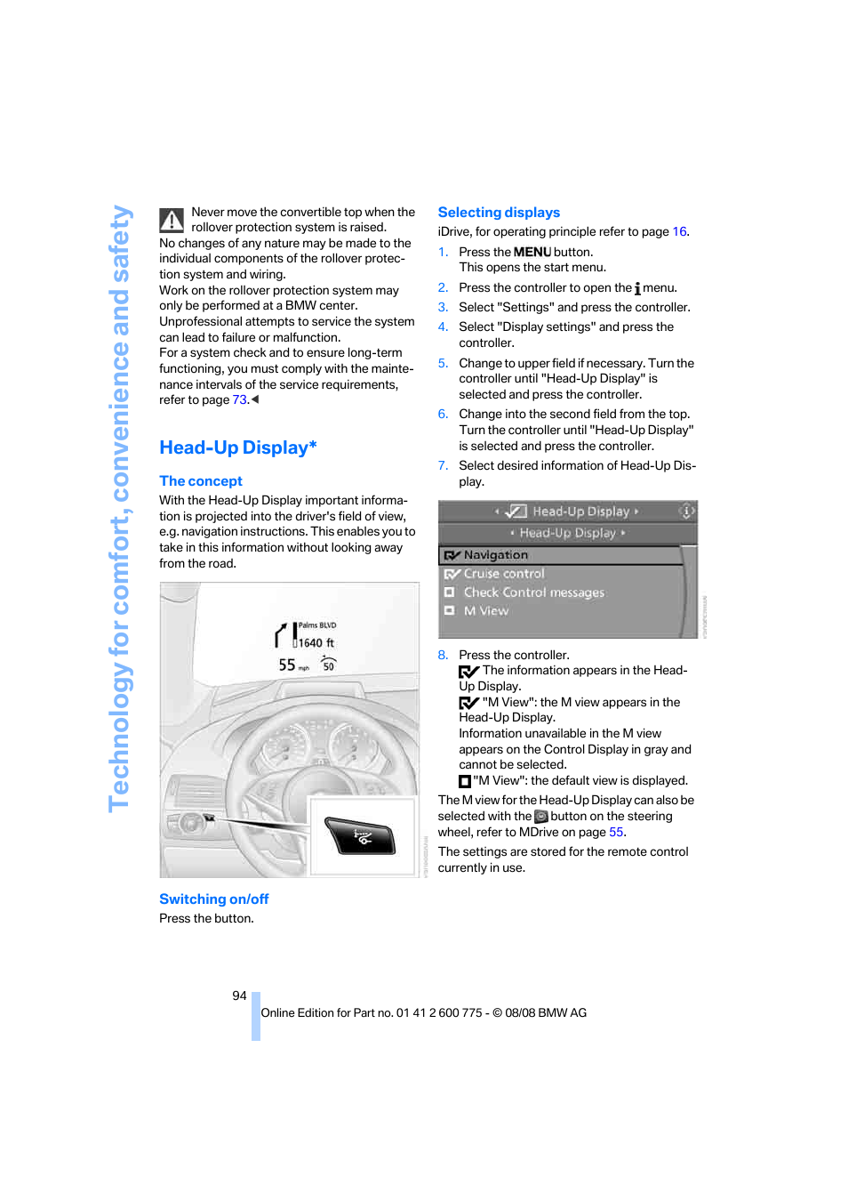 Head-up display, Technology for comfort, convenience and safety | BMW M6 Convertible 2009 User Manual | Page 96 / 270