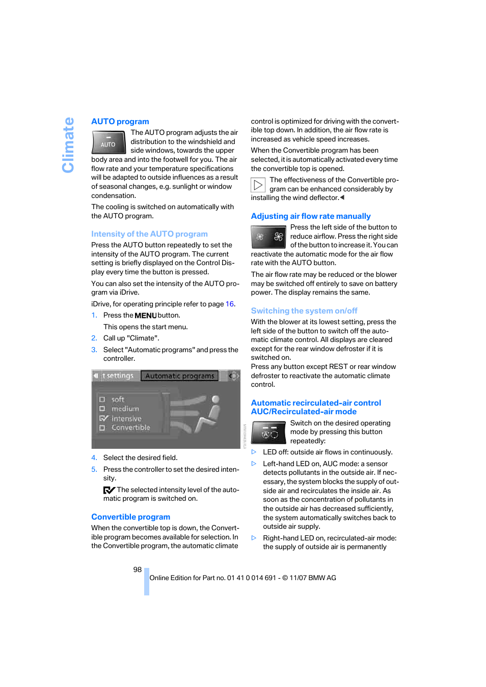 To automatic recircu, Climate | BMW 135i Coupe 2008 User Manual | Page 100 / 260