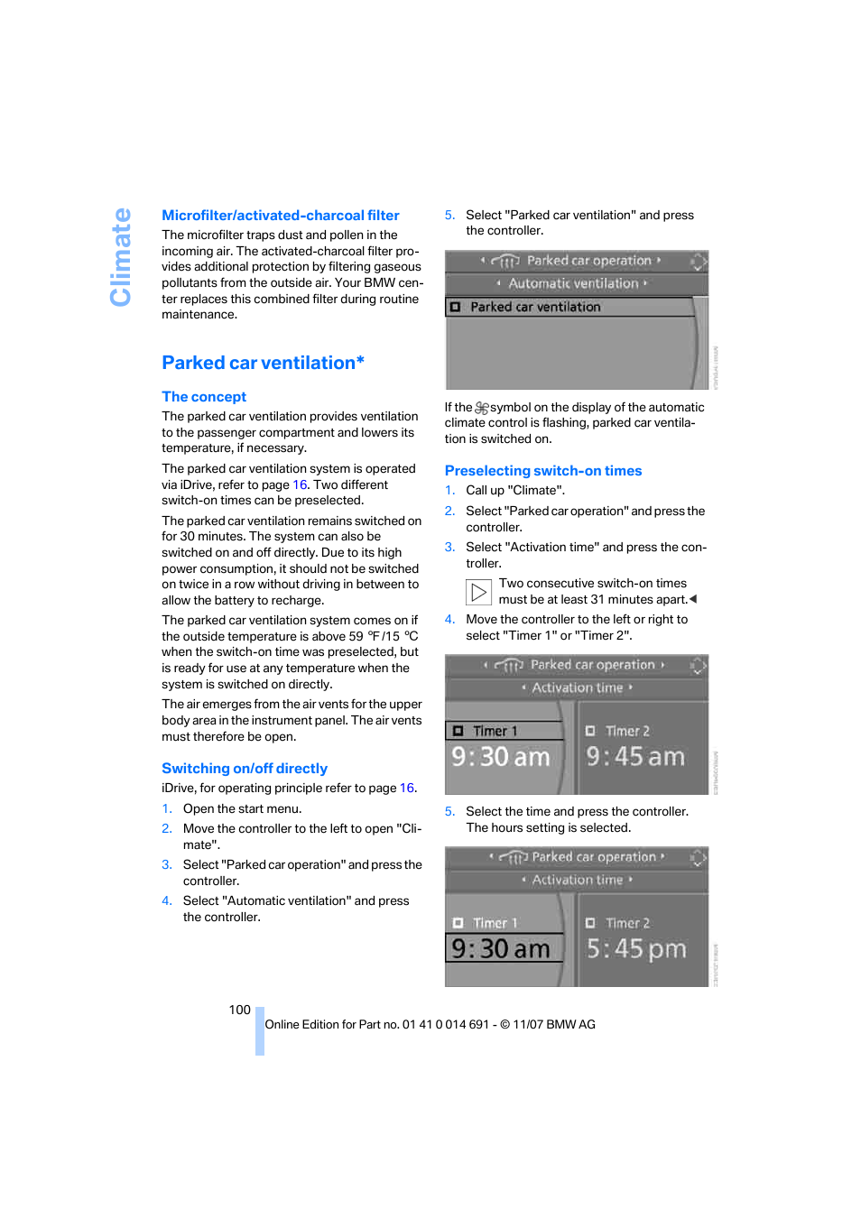 Parked car ventilation, Climate | BMW 135i Coupe 2008 User Manual | Page 102 / 260