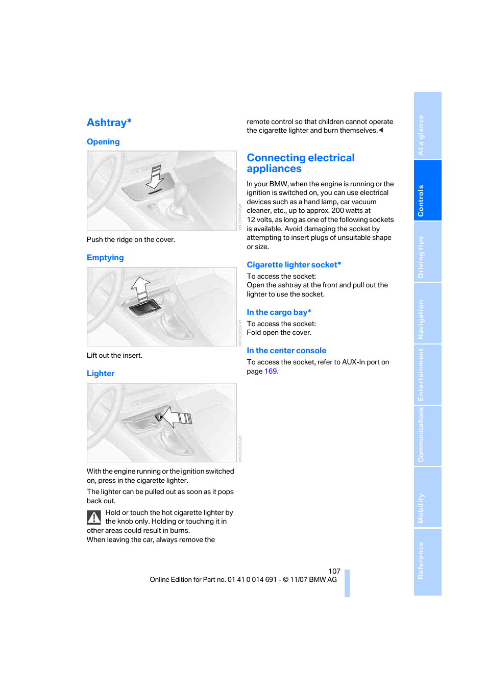 Ashtray, Connecting electrical appliances | BMW 135i Coupe 2008 User Manual | Page 109 / 260