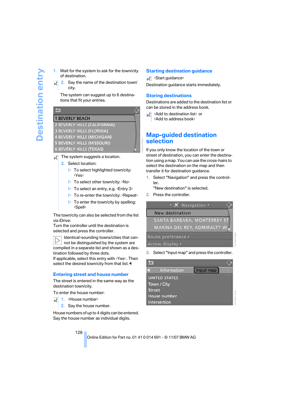 Map-guided destination selection, Destination entry | BMW 135i Coupe 2008 User Manual | Page 130 / 260