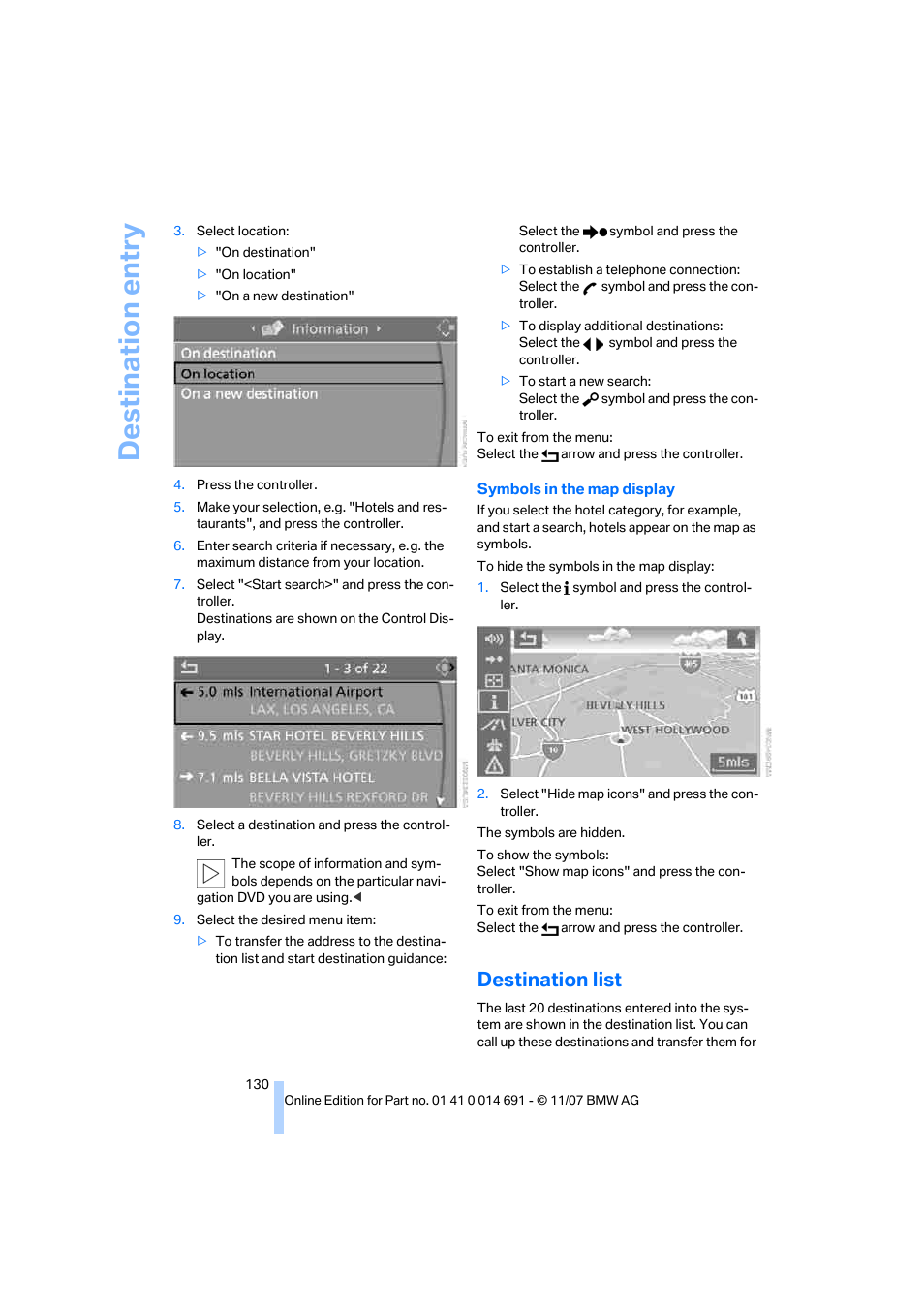 Destination list, Destination entry | BMW 135i Coupe 2008 User Manual | Page 132 / 260