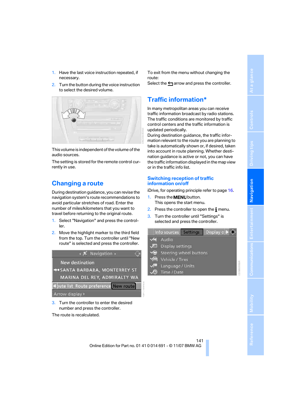 Changing a route, Traffic information | BMW 135i Coupe 2008 User Manual | Page 143 / 260