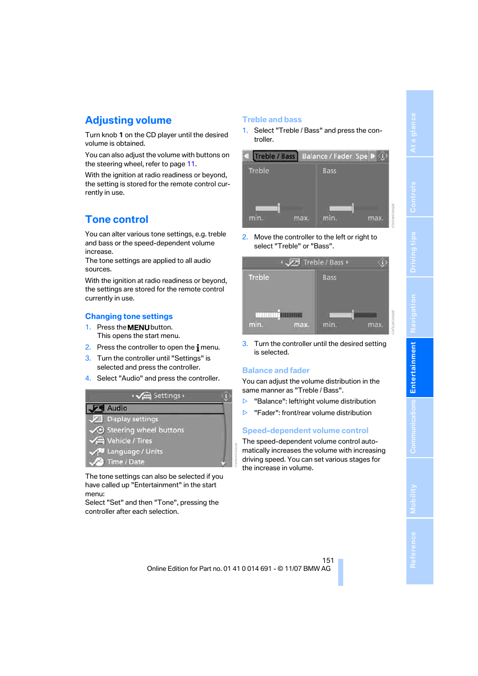 Adjusting volume, Tone control | BMW 135i Coupe 2008 User Manual | Page 153 / 260