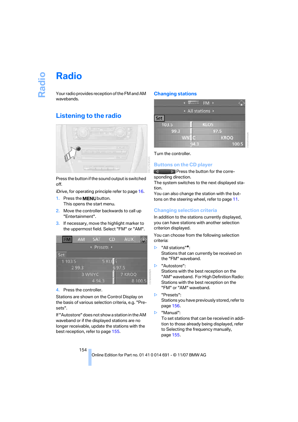 Radio, Listening to the radio, Ra di o | BMW 135i Coupe 2008 User Manual | Page 156 / 260