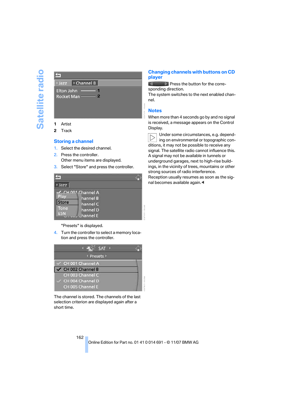 Sa tellite radi o | BMW 135i Coupe 2008 User Manual | Page 164 / 260