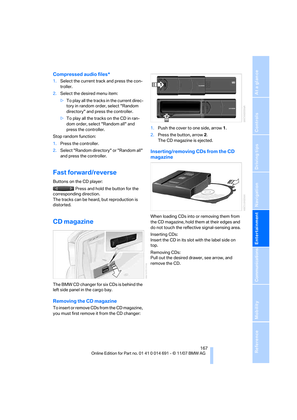 Fast forward/reverse, Cd magazine | BMW 135i Coupe 2008 User Manual | Page 169 / 260