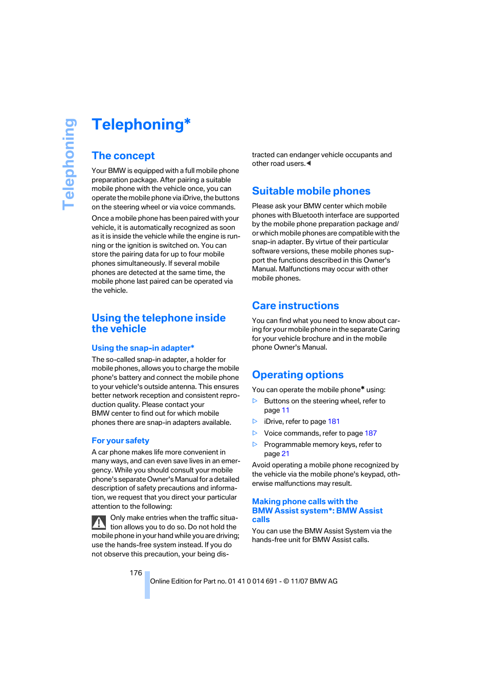 Telephoning, The concept, Using the telephone inside the vehicle | Suitable mobile phones, Care instructions, Operating options, Telep h oning | BMW 135i Coupe 2008 User Manual | Page 178 / 260