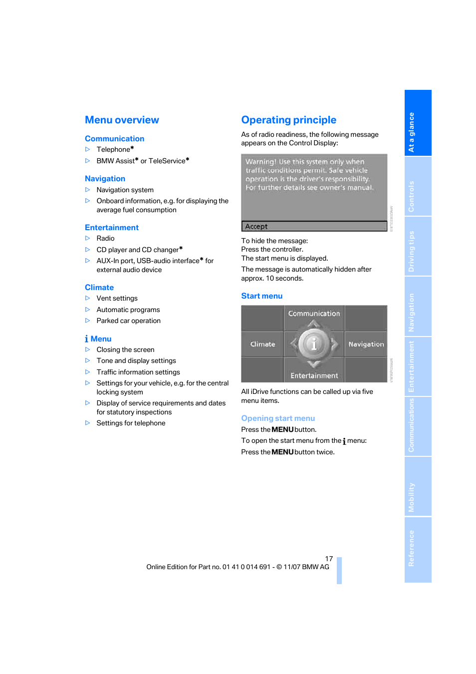 Menu overview, Operating principle | BMW 135i Coupe 2008 User Manual | Page 19 / 260