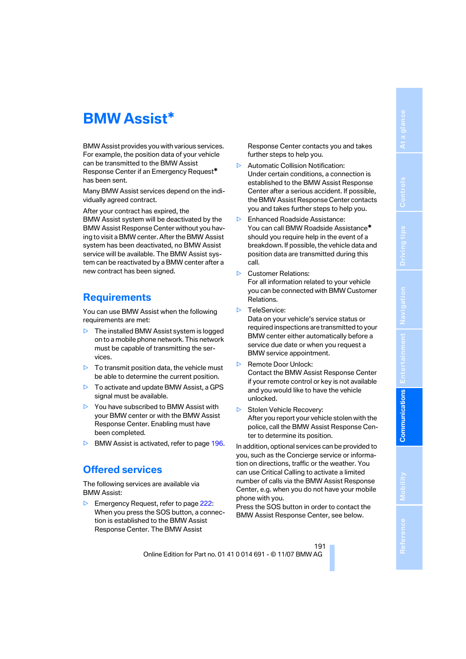 Bmw assist, Requirements, Offered services | BMW 135i Coupe 2008 User Manual | Page 193 / 260