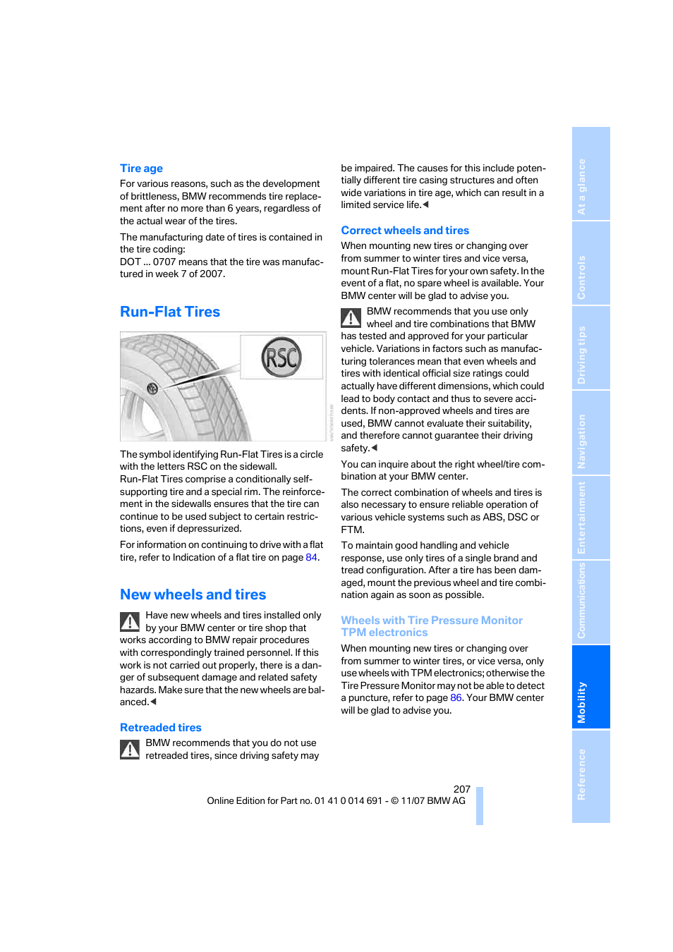 Run-flat tires, New wheels and tires | BMW 135i Coupe 2008 User Manual | Page 209 / 260