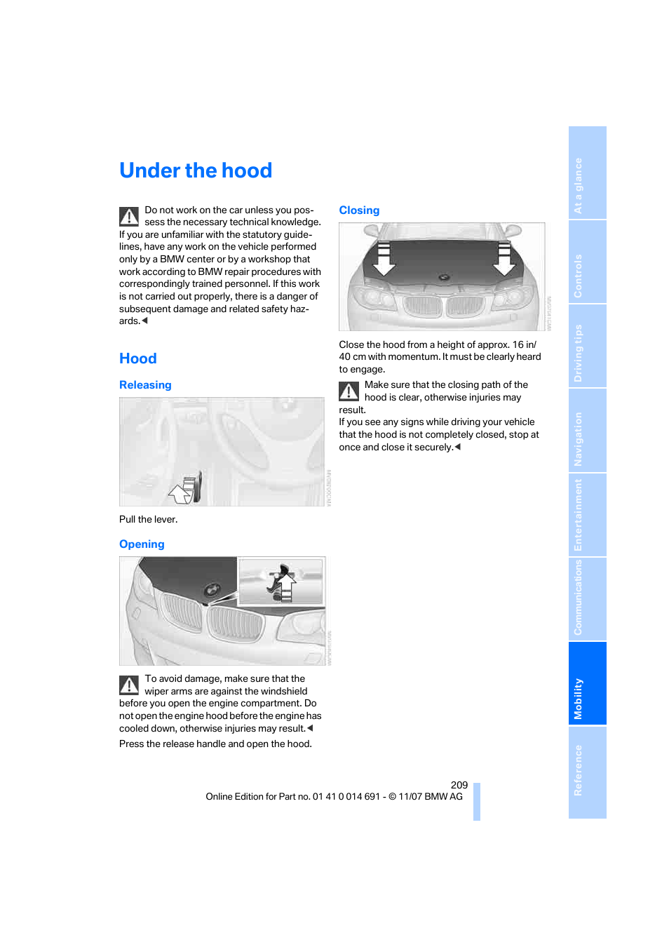 Under the hood, Hood | BMW 135i Coupe 2008 User Manual | Page 211 / 260