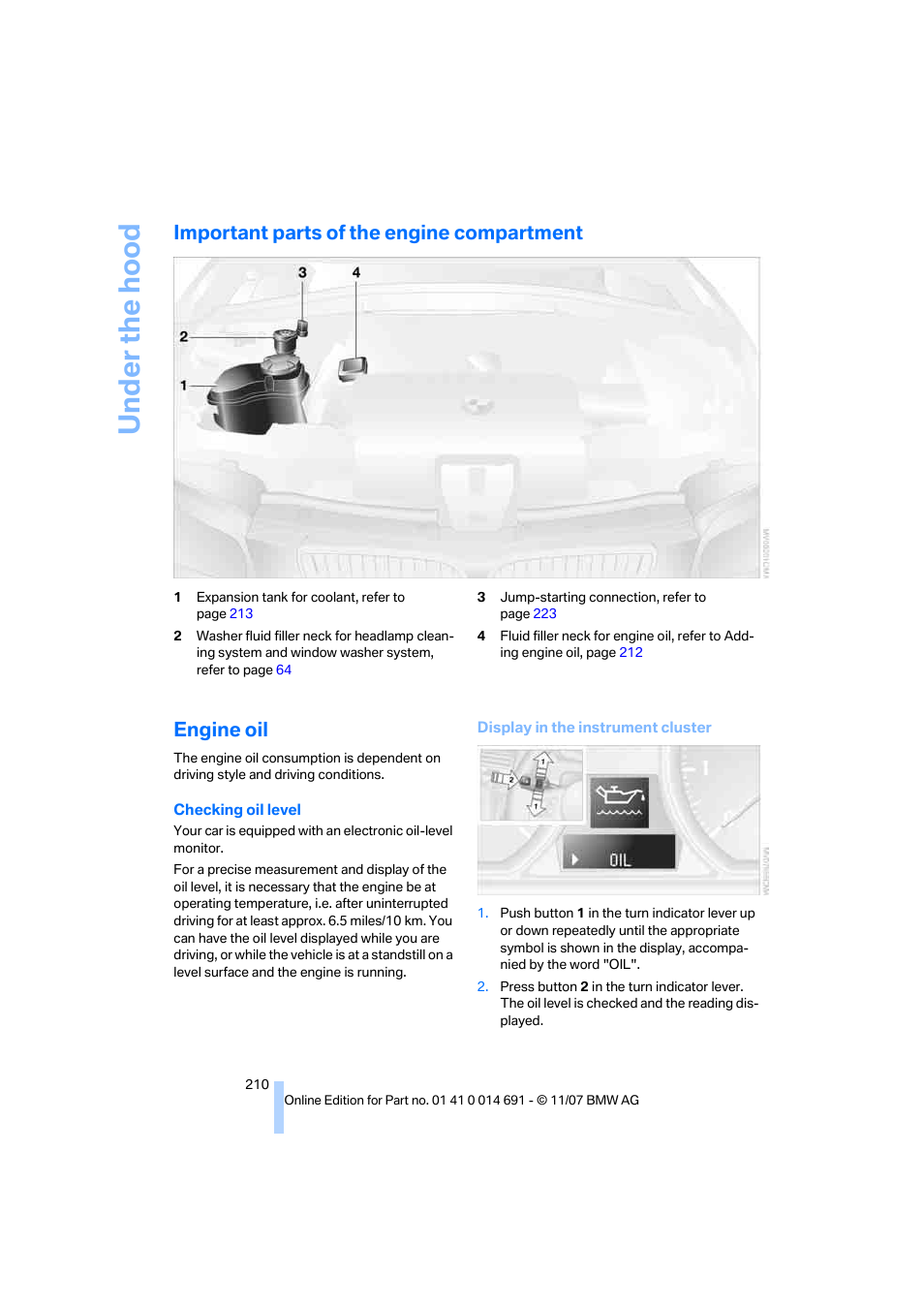 Important parts of the engine compartment, Engine oil | BMW 135i Coupe 2008 User Manual | Page 212 / 260