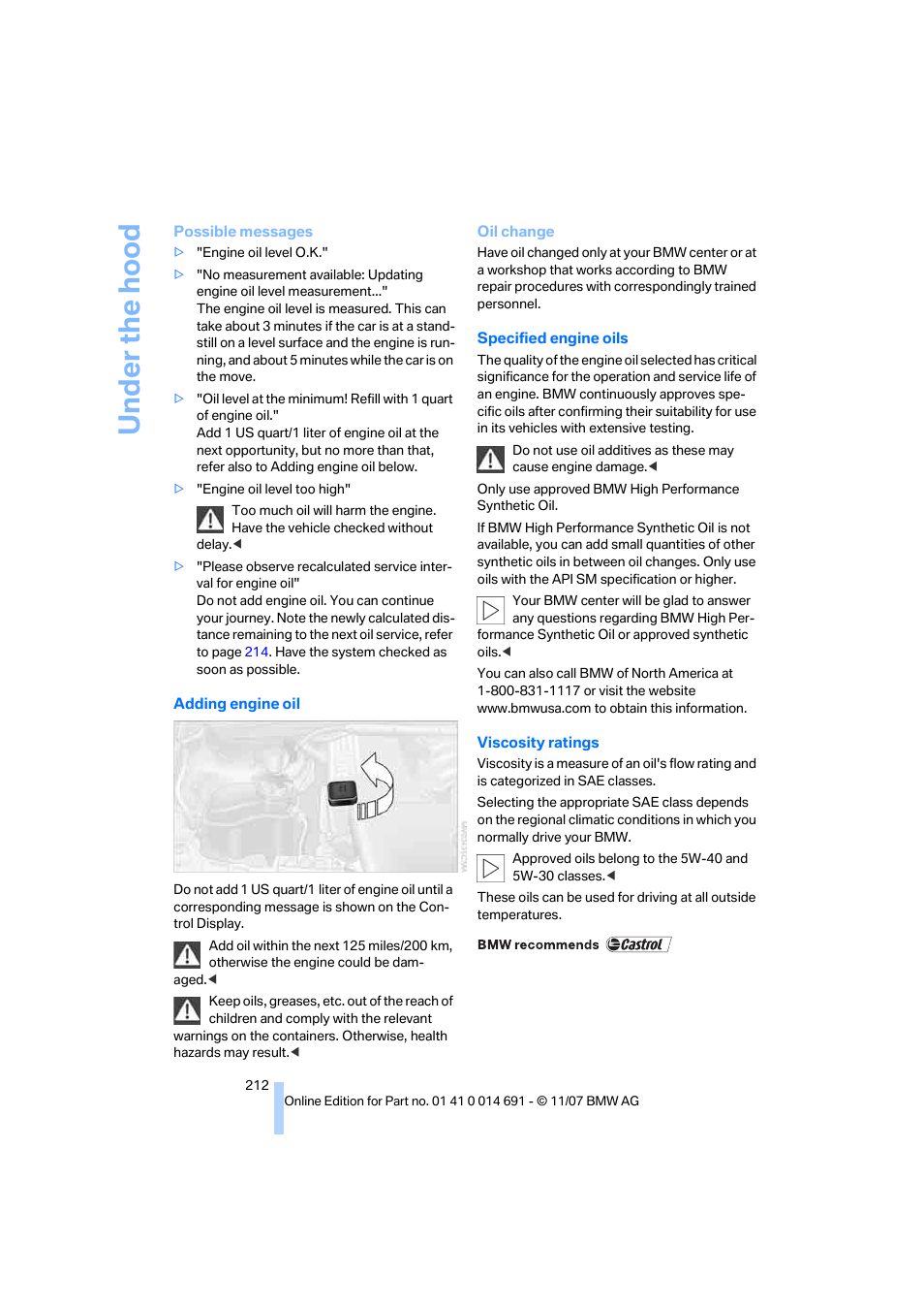 To add, Ing engine oil | BMW 135i Coupe 2008 User Manual | Page 214 / 260