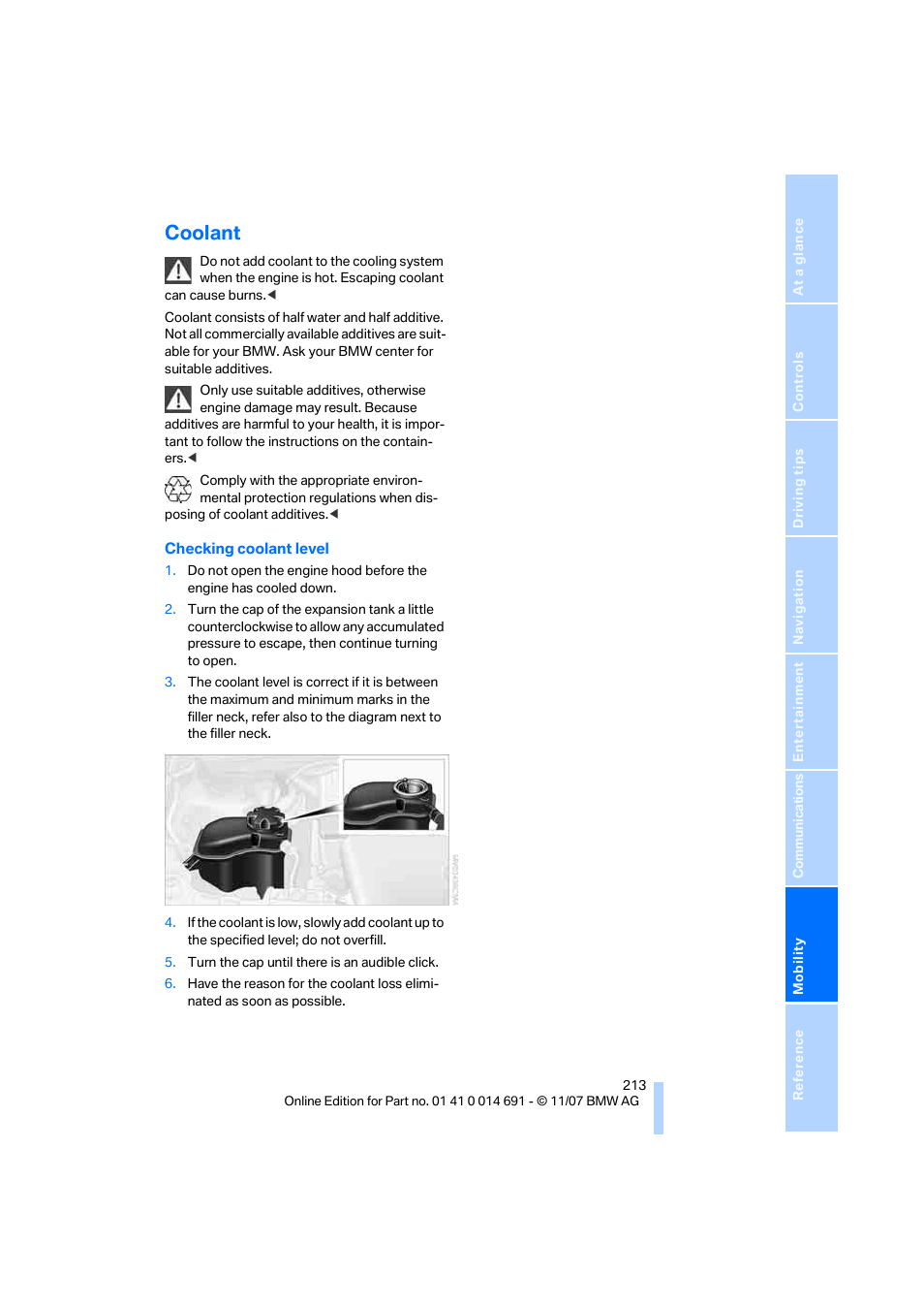 Coolant | BMW 135i Coupe 2008 User Manual | Page 215 / 260