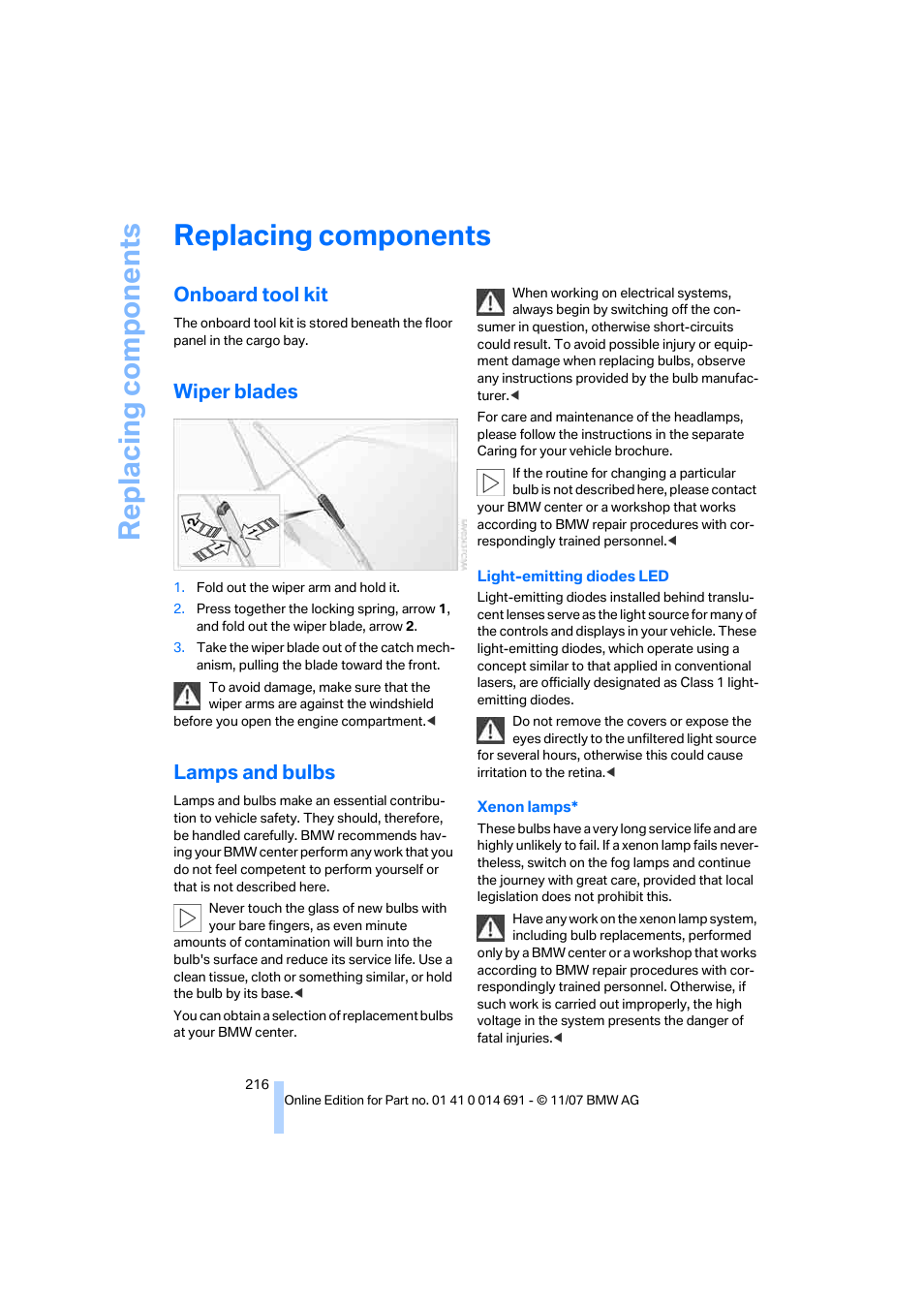 Replacing components, Onboard tool kit, Wiper blades | Lamps and bulbs | BMW 135i Coupe 2008 User Manual | Page 218 / 260