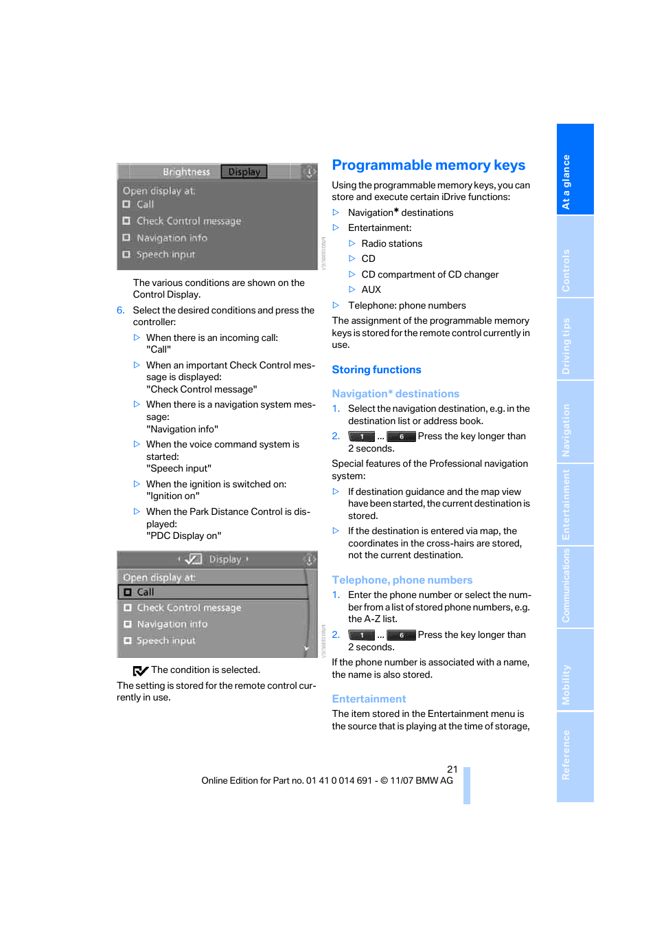 Programmable memory keys | BMW 135i Coupe 2008 User Manual | Page 23 / 260