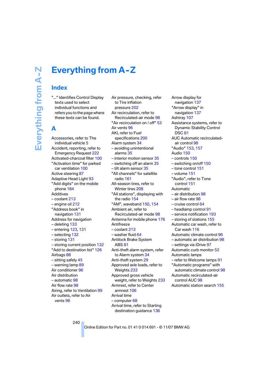 Everything from a - z, Index, Ev e ryth ing from a -z | Everything from a-z | BMW 135i Coupe 2008 User Manual | Page 242 / 260