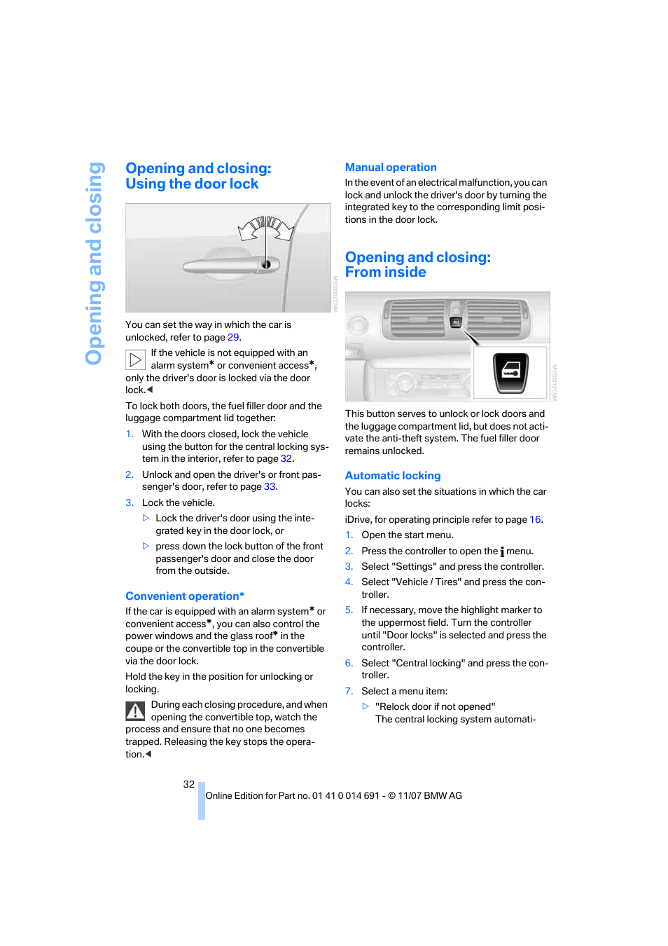 Opening and closing: using the door lock, Opening and closing: from inside, Opening and closing | BMW 135i Coupe 2008 User Manual | Page 34 / 260