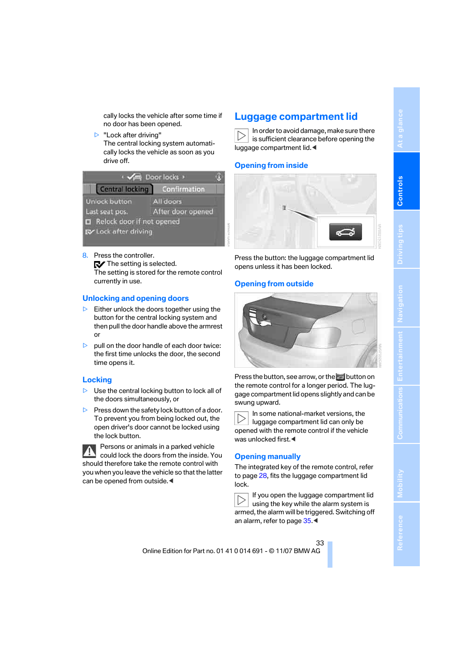 Luggage compartment lid | BMW 135i Coupe 2008 User Manual | Page 35 / 260