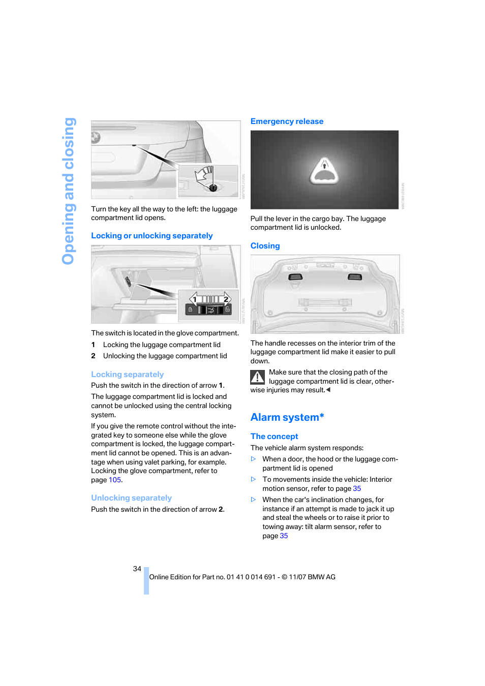 Alarm system, Opening and closing | BMW 135i Coupe 2008 User Manual | Page 36 / 260