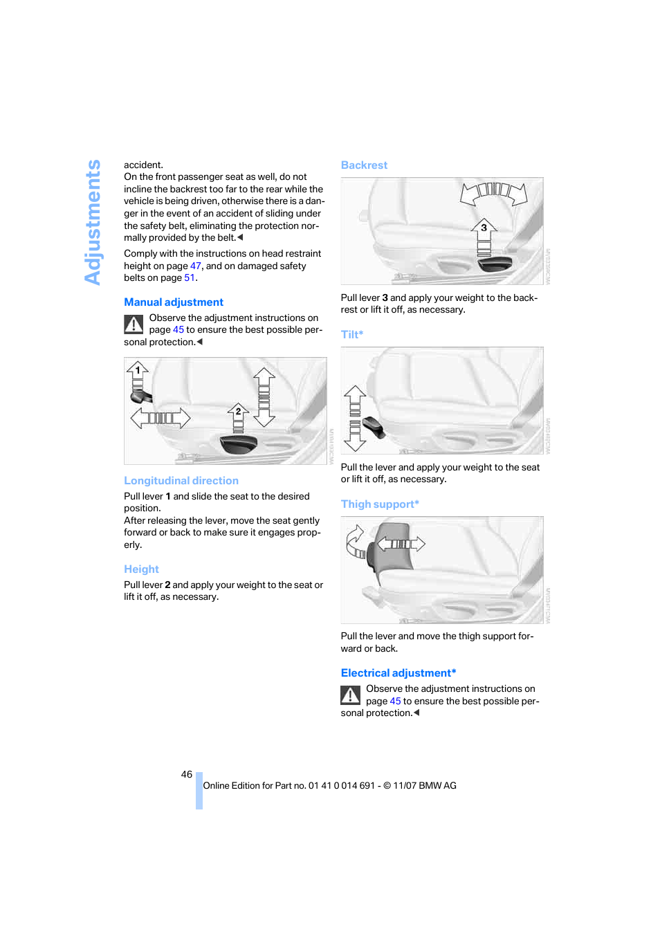 Adju stmen ts | BMW 135i Coupe 2008 User Manual | Page 48 / 260