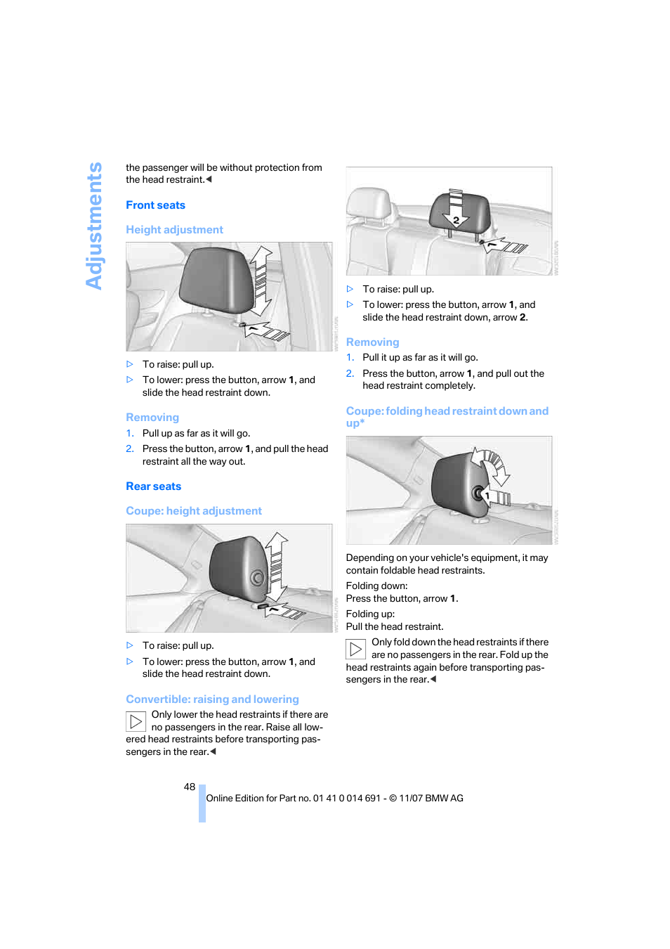 Adju stmen ts | BMW 135i Coupe 2008 User Manual | Page 50 / 260