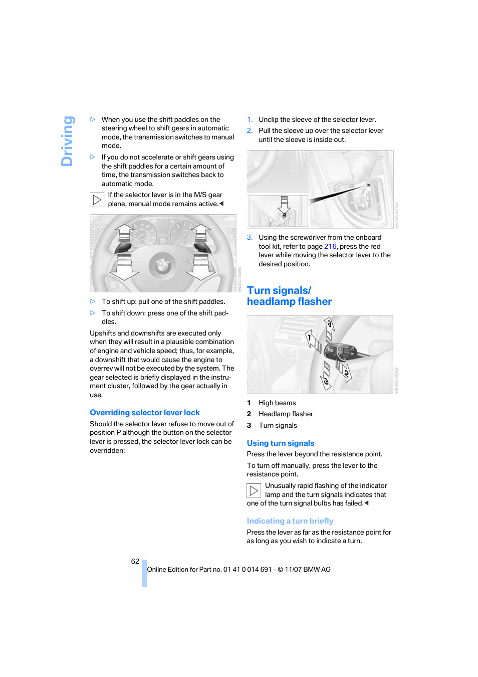 Turn signals/ headlamp flasher, Driving | BMW 135i Coupe 2008 User Manual | Page 64 / 260