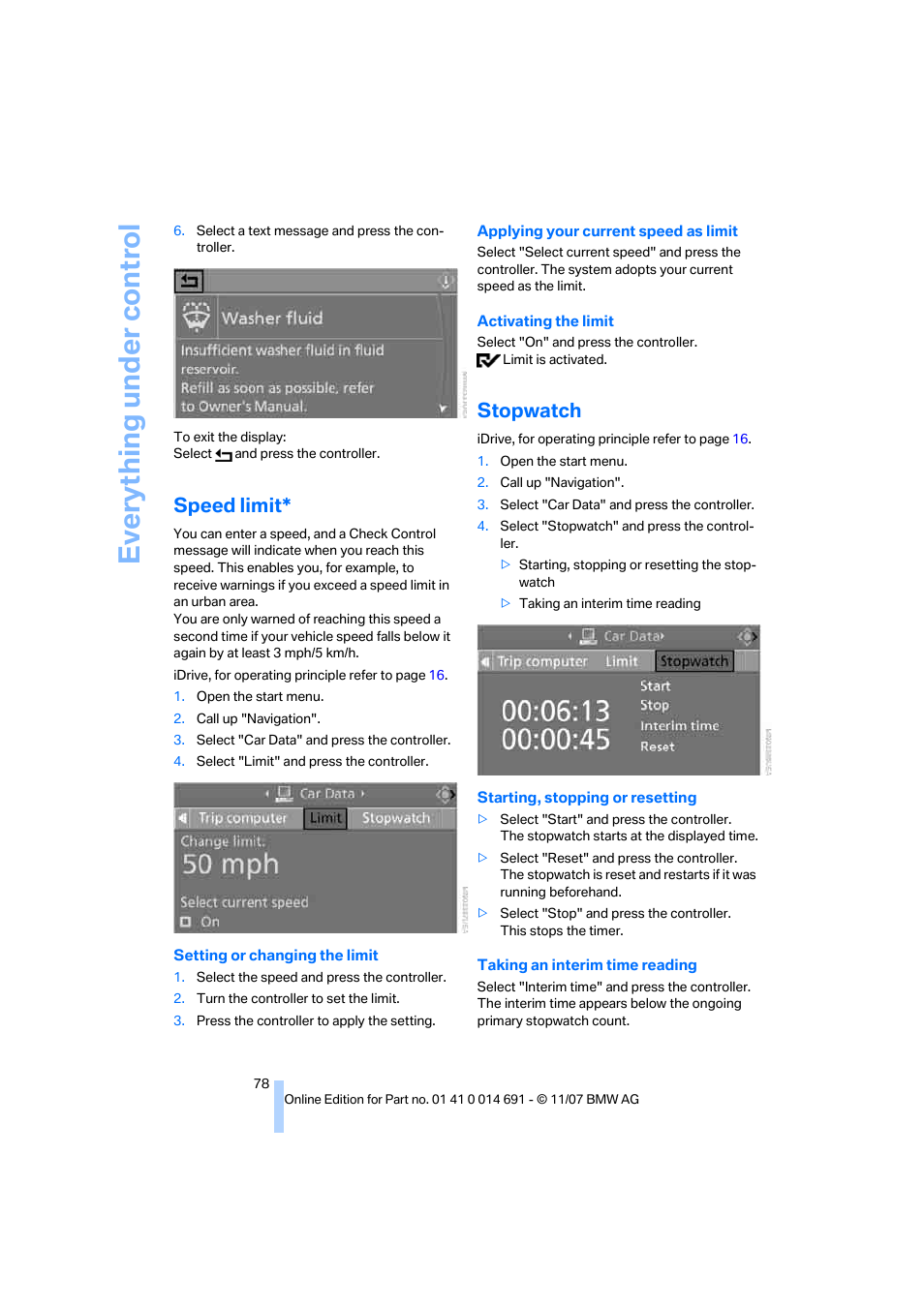 Speed limit, Stopwatch, Eve ryth ing un de r co nt rol | BMW 135i Coupe 2008 User Manual | Page 80 / 260